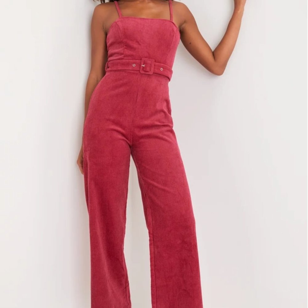 Berry Pink Corduroy Belted Wide-Leg Jumpsuit